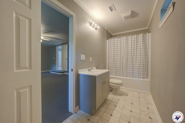1107 Wheeler St, Texarkana, TX 75501 - full bath with vanity, toilet, tile patterned flooring, ornamental molding, and shower / bath combo with shower curtain