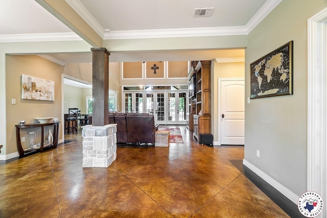 5710 Clearwood Trl, Texarkana, AR 71854 - living room featuring decorative columns, french doors, crown molding, baseboards, and concrete flooring