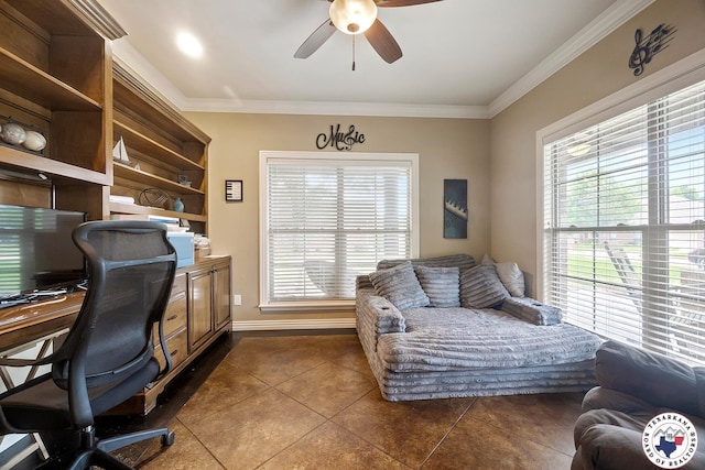 5710 Clearwood Trl, Texarkana, AR 71854 - office featuring dark tile patterned floors, a ceiling fan, plenty of natural light, ornamental molding, and baseboards