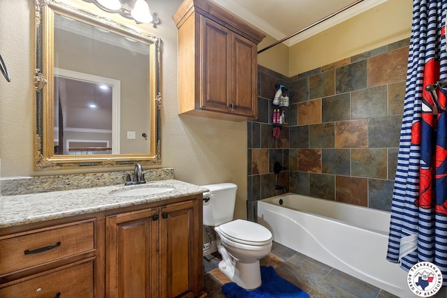 5710 Clearwood Trl, Texarkana, AR 71854 - bathroom with crown molding, toilet, vanity, shower / bath combination with curtain, and stone finish flooring