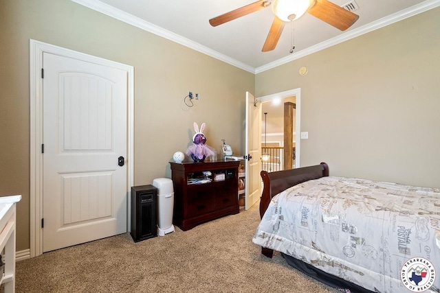 5710 Clearwood Trl, Texarkana, AR 71854 - bedroom with light colored carpet, ornamental molding, and a ceiling fan