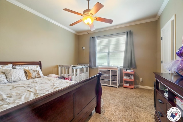 5710 Clearwood Trl, Texarkana, AR 71854 - bedroom featuring light colored carpet, crown molding, baseboards, and a ceiling fan