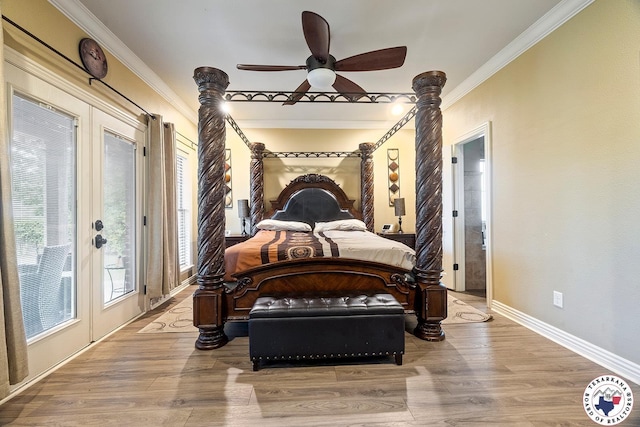 5710 Clearwood Trl, Texarkana, AR 71854 - bedroom featuring crown molding, access to outside, wood finished floors, baseboards, and a ceiling fan