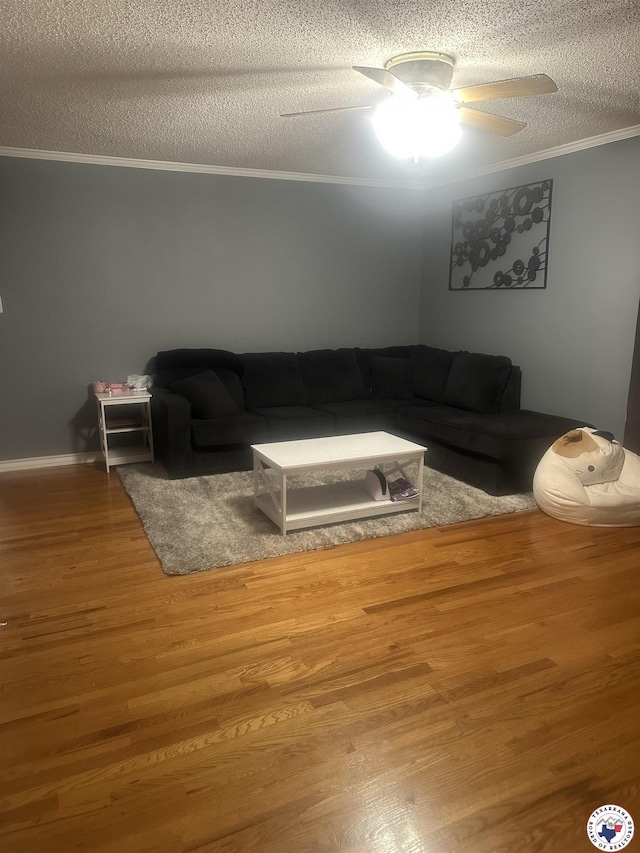 24 Desoto Cir, Texarkana, TX 75503 - living room with ornamental molding, a textured ceiling, wood finished floors, and ceiling fan