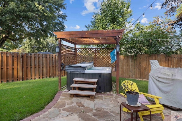 view of patio with a hot tub and a pergola