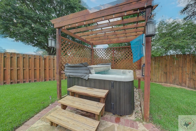 view of patio / terrace featuring a hot tub and a pergola