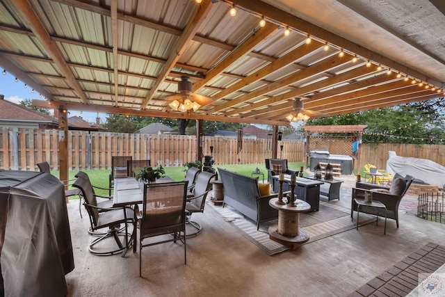 view of patio / terrace featuring an outdoor living space, grilling area, and a pergola