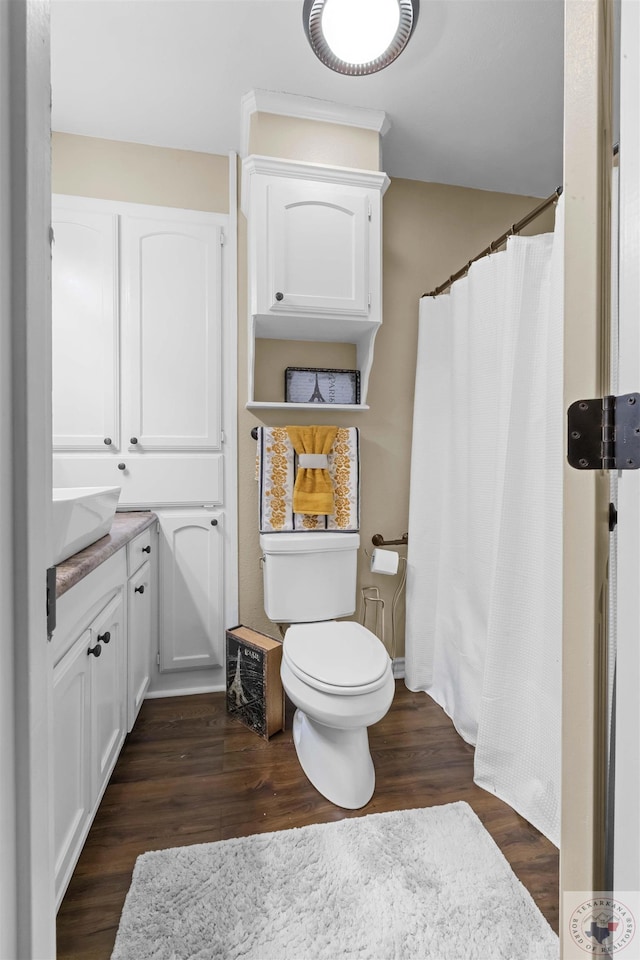 bathroom with vanity, hardwood / wood-style flooring, and toilet