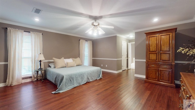 bedroom with crown molding, multiple windows, ceiling fan, and dark hardwood / wood-style flooring