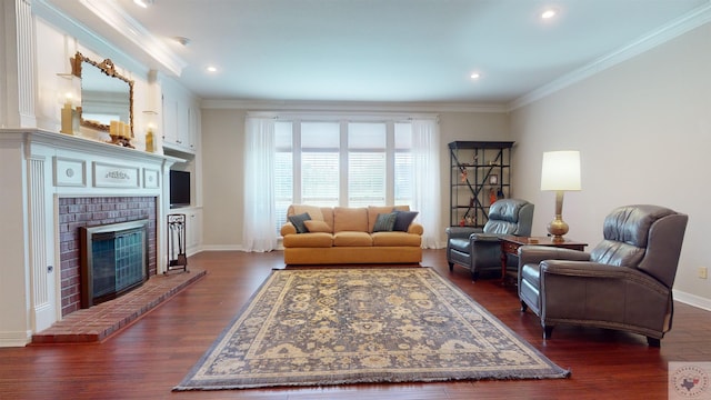 living room featuring a fireplace, crown molding, and dark hardwood / wood-style flooring