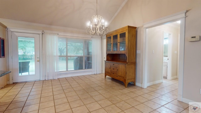 unfurnished dining area with crown molding, light tile patterned flooring, vaulted ceiling, and a notable chandelier