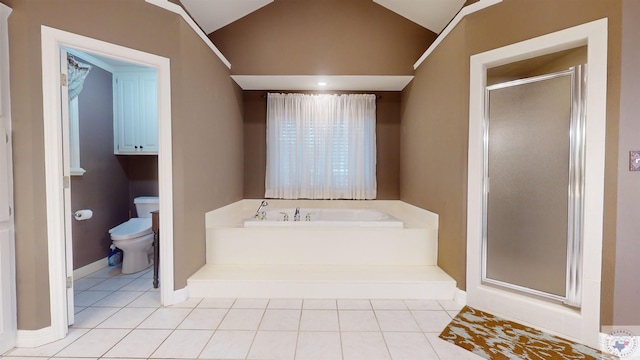 bathroom featuring tile patterned floors, toilet, lofted ceiling, and plus walk in shower