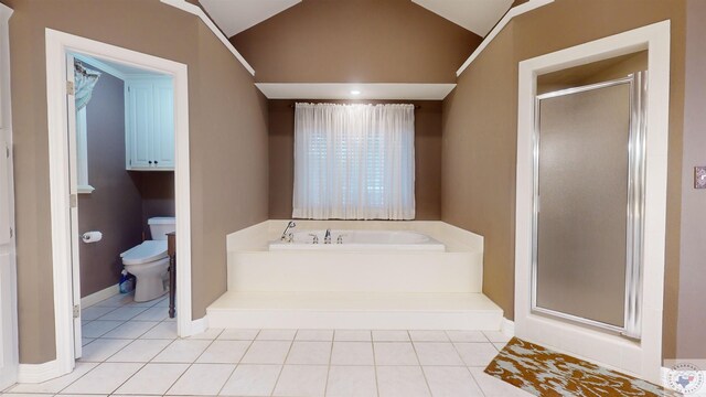 bathroom featuring tile patterned floors, toilet, lofted ceiling, and plus walk in shower