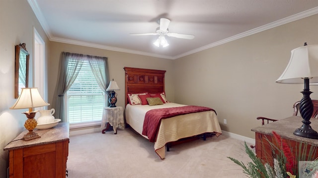 bedroom with ceiling fan, crown molding, light carpet, and multiple windows