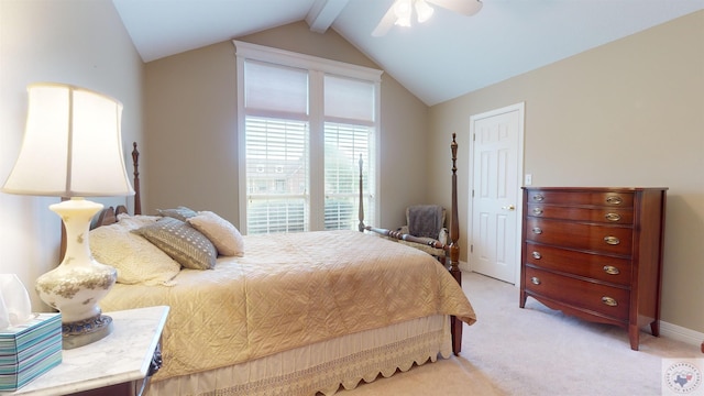 bedroom with ceiling fan, light carpet, and lofted ceiling with beams