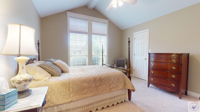 bedroom with ceiling fan, light carpet, and lofted ceiling with beams