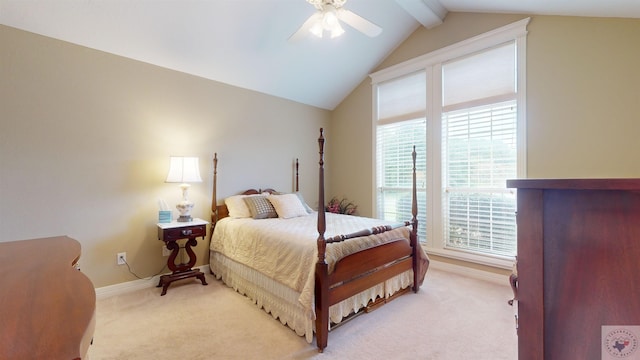 bedroom with light carpet, multiple windows, and ceiling fan