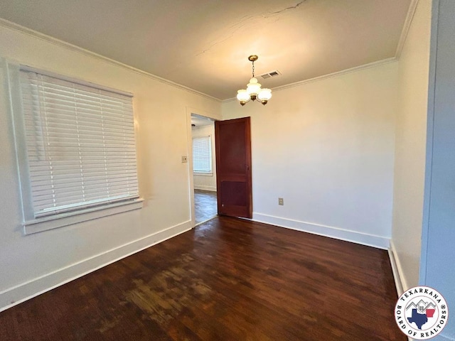 120 N St, Douglassville, TX 75560 - unfurnished dining area featuring crown molding, visible vents, a notable chandelier, and wood finished floors