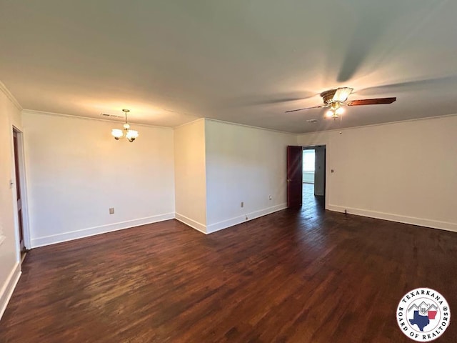 120 N St, Douglassville, TX 75560 - empty room featuring baseboards, dark wood-style floors, ceiling fan with notable chandelier, and ornamental molding