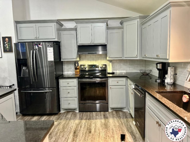 19913 Fm 125, Bivins, TX 75555 - kitchen with vaulted ceiling, under cabinet range hood, a sink, stainless steel appliances, and light wood finished floors