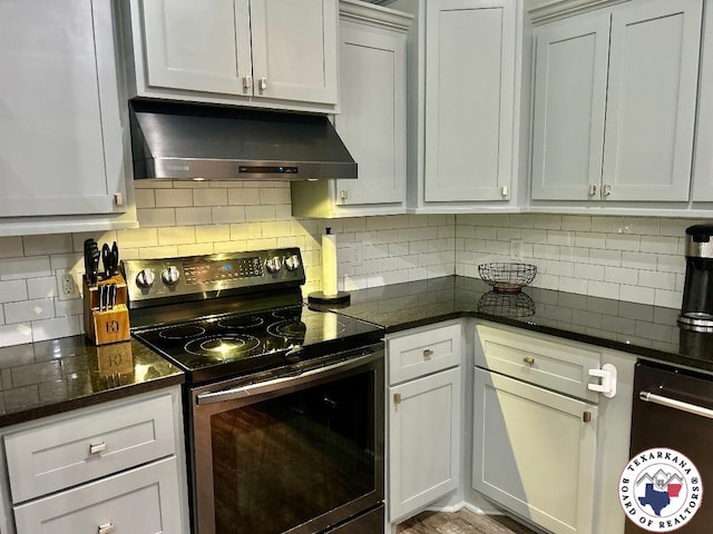 19913 Fm 125, Bivins, TX 75555 - kitchen featuring under cabinet range hood, electric range, dark stone counters, and decorative backsplash