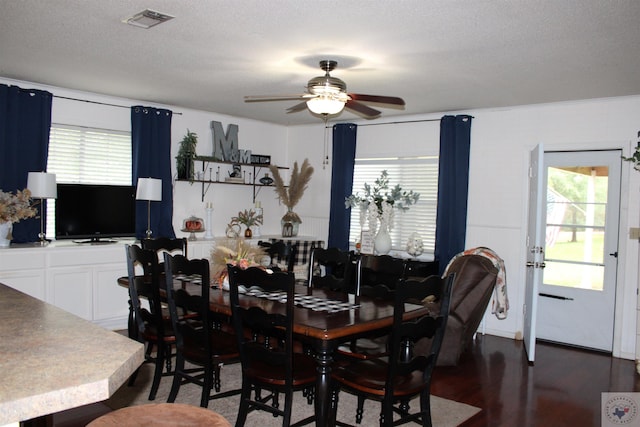 dining space featuring ceiling fan, a textured ceiling, dark hardwood / wood-style floors, and a wealth of natural light