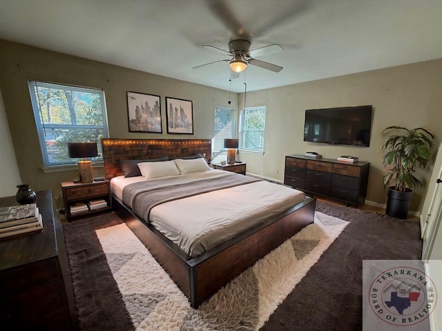 bedroom featuring multiple windows and ceiling fan