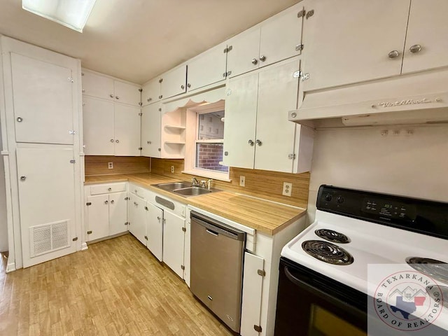 kitchen featuring electric range oven, sink, white cabinets, decorative backsplash, and stainless steel dishwasher