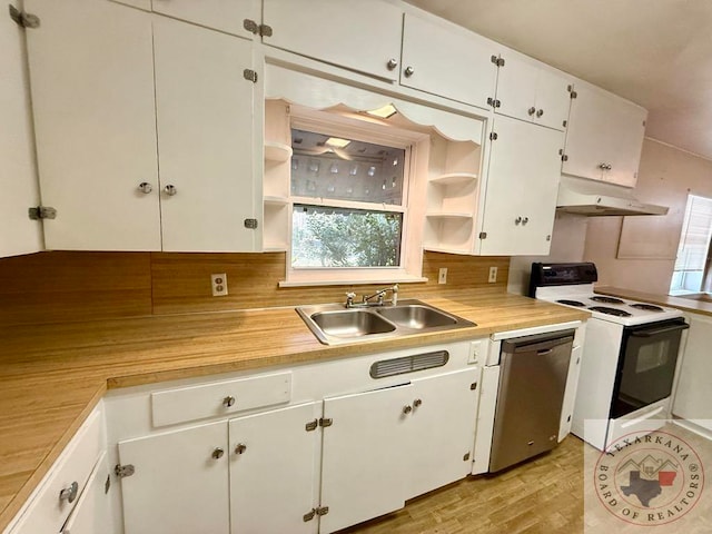 kitchen with sink, stainless steel dishwasher, white cabinets, and white range with electric stovetop