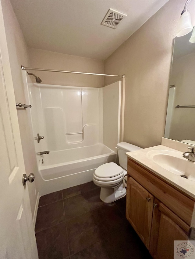 full bathroom featuring vanity, toilet, bathtub / shower combination, and tile patterned floors