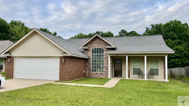 view of front of home with a garage, a front lawn, and covered porch