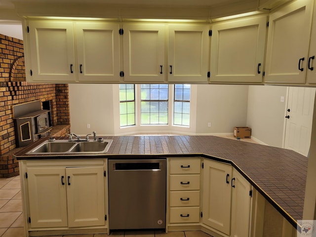 kitchen featuring dishwasher, white cabinetry, sink, kitchen peninsula, and light tile patterned flooring