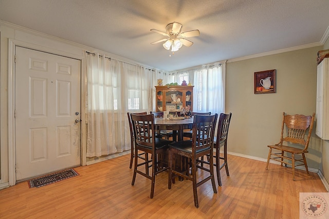 dining room featuring light wood-type flooring, a textured ceiling, ceiling fan, and ornamental molding