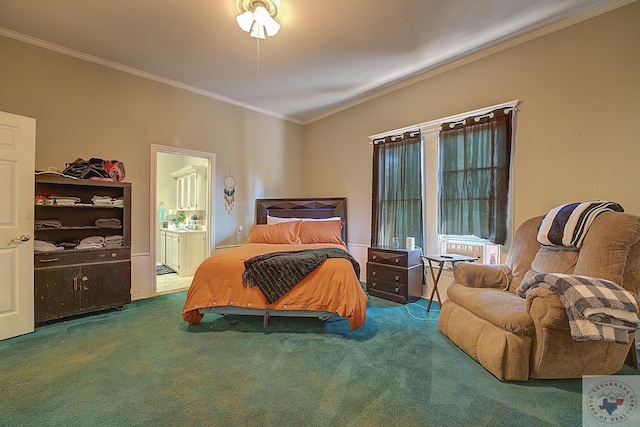 carpeted bedroom featuring ensuite bathroom and ornamental molding