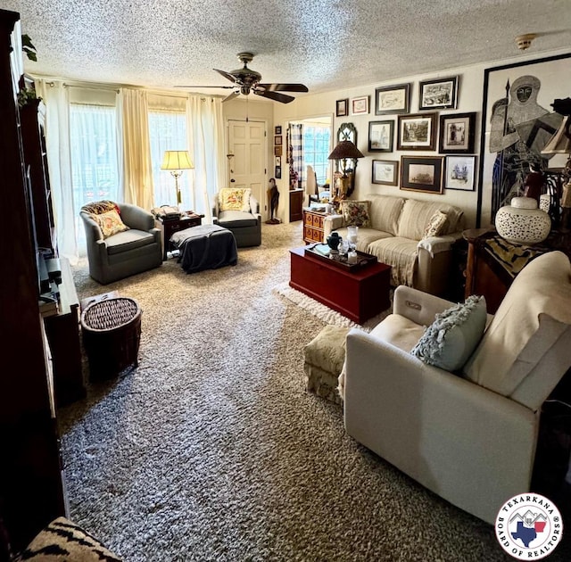 1509 W 40th St, Texarkana, TX 75503 - living area with a ceiling fan, carpet floors, and a textured ceiling