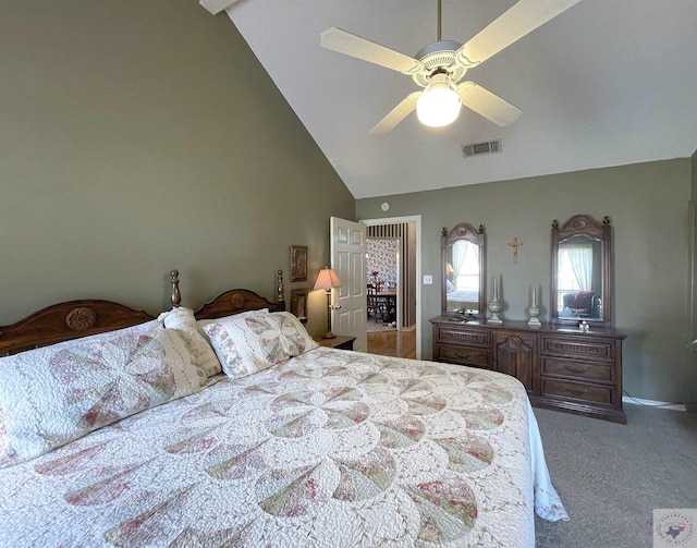 carpeted bedroom featuring high vaulted ceiling and ceiling fan