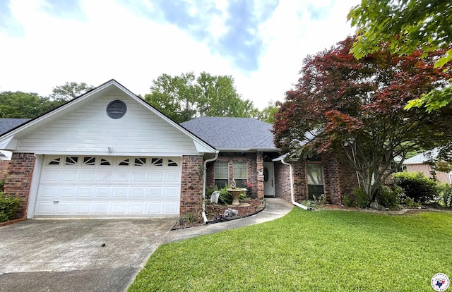 130 Westline Rd, Wake Village, TX 75501 - view of front of property with driveway, a front yard, brick siding, an attached garage, and a shingled roof