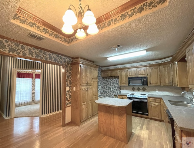130 Westline Rd, Wake Village, TX 75501 - kitchen featuring electric range oven, a sink, black microwave, a textured ceiling, and light wood-style flooring