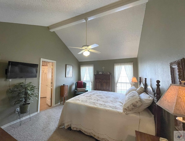 bedroom with ceiling fan, light colored carpet, a textured ceiling, and vaulted ceiling with beams