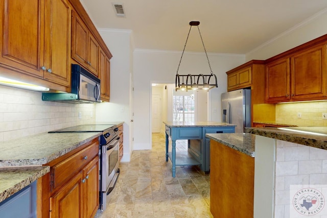 kitchen with stainless steel appliances, hanging light fixtures, ornamental molding, and tasteful backsplash