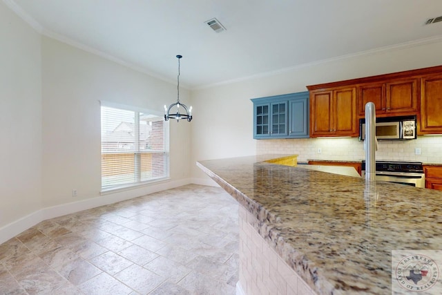 kitchen featuring light stone countertops, tasteful backsplash, an inviting chandelier, ornamental molding, and stainless steel appliances