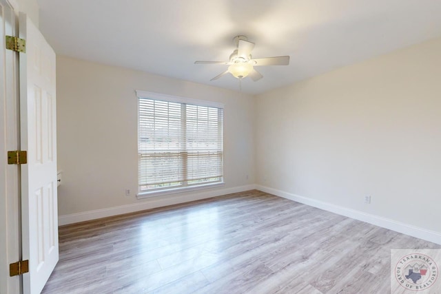 unfurnished room with light hardwood / wood-style floors and ceiling fan