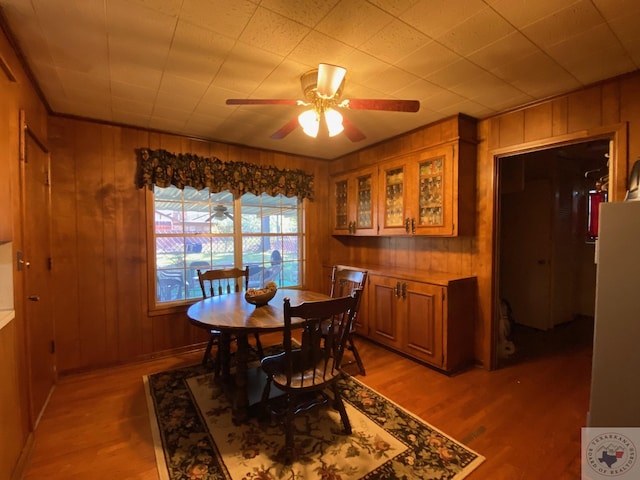 dining area featuring light wood-type flooring, ceiling fan, and wooden walls