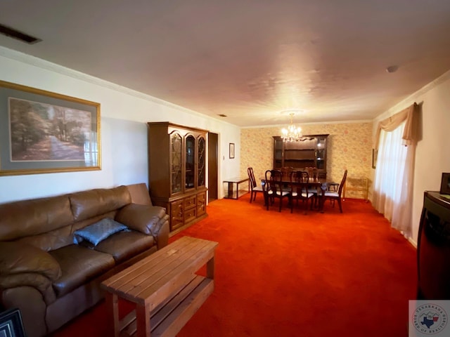 carpeted living room featuring crown molding and an inviting chandelier