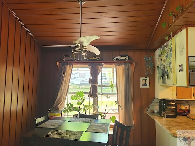 dining area featuring ceiling fan, wood walls, and wooden ceiling