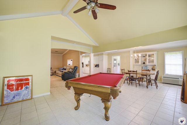13 Holly Ridge Dr, Texarkana, TX 75503 - playroom with pool table, high vaulted ceiling, beamed ceiling, ceiling fan, and light tile patterned floors
