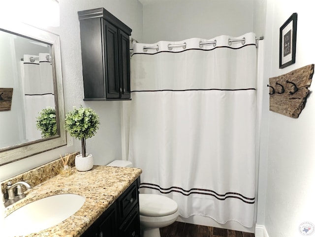 bathroom featuring wood-type flooring, a shower with curtain, toilet, and vanity