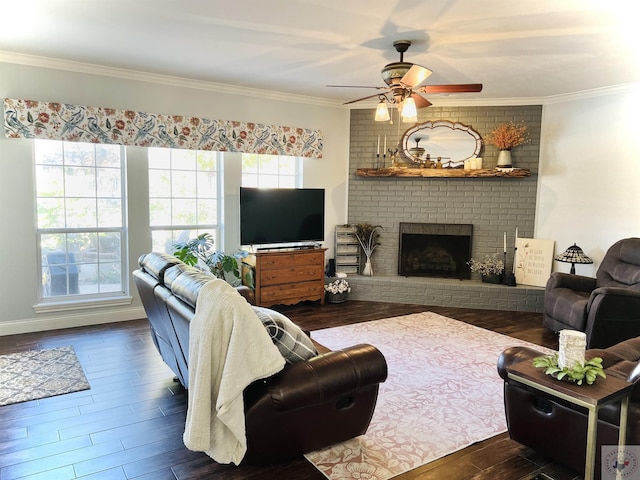 living room with dark hardwood / wood-style floors, a brick fireplace, and ornamental molding