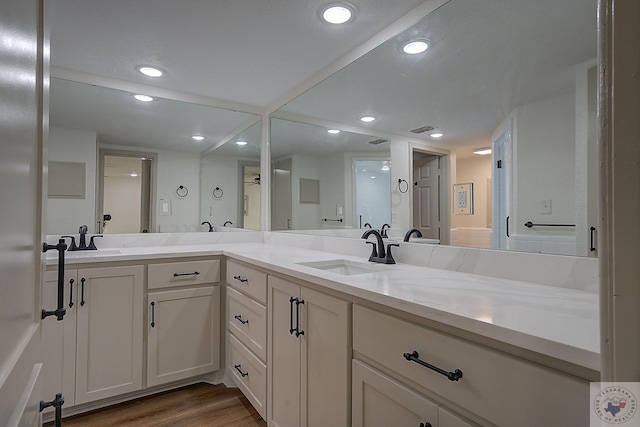 bathroom featuring vanity and hardwood / wood-style floors