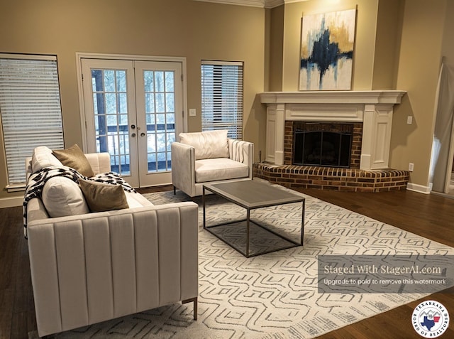 7311 Shilling Cir, Texarkana, TX 75503 - living area with french doors, wood finished floors, a brick fireplace, baseboards, and crown molding